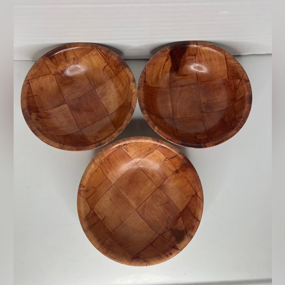 Vtg MCM Parquet Wood Bowls Woven 6” Salad Dessert Pressed Wood Set of 3